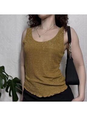Vintage Selections 90s Gold Metalic Knit Tank Top w/ Lettuce Hem & Scoop Neck